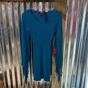 Boohoo Teal Ribbed V-Neck Fringe Sleeve Bodycon Dress